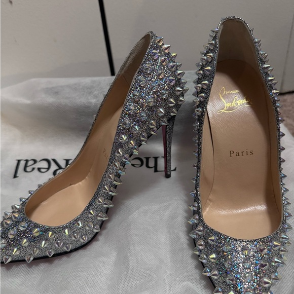 RARE Christian Louboutin Studded Silver & Suede Holographic Heels - Picture 4 of 16